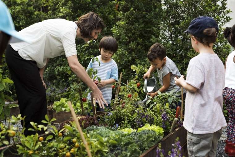 Teacher and kids school learning ecology gardening