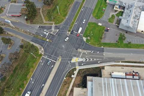 Aerial drone photos of a road intersection