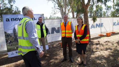 From left, Federal Member for Murray Damian Drum,  Madison James (Kane Constructions); Deputy Prime Minister Michael McCormack and Kim O'Keeffe (Mayor). 