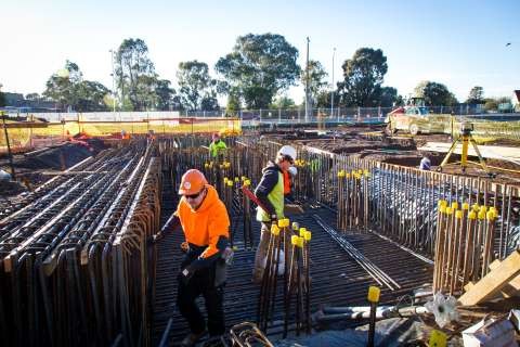 Reinforcement steel bar being installed in the building core. 