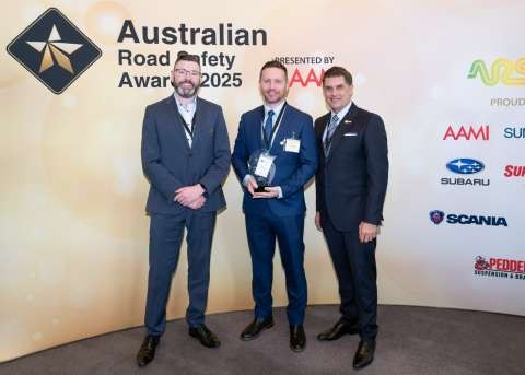 Council’s Manager – Engineering and Assets, Ben Gannon (middle), accepting the award on behalf of Greater Shepparton City Council at the 14th Annual Australian Road Safety Awards. On the left is Chris Beston – Head of SHEQ at ELGAS, and on the right is Russell White – Founder and Chair at the Australian Road Safety Foundation.