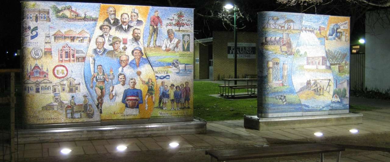The public space at Stuart Mock Place in Tatura features three mural artworks and a fountain.